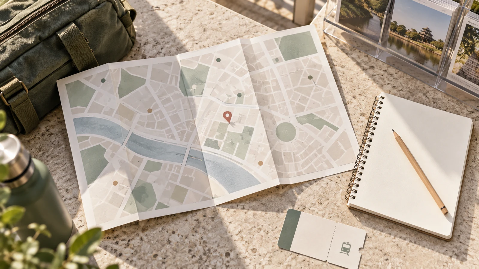 An unlabelled abstract map, notebook, pencil and travel bag on a neutral tabletop.