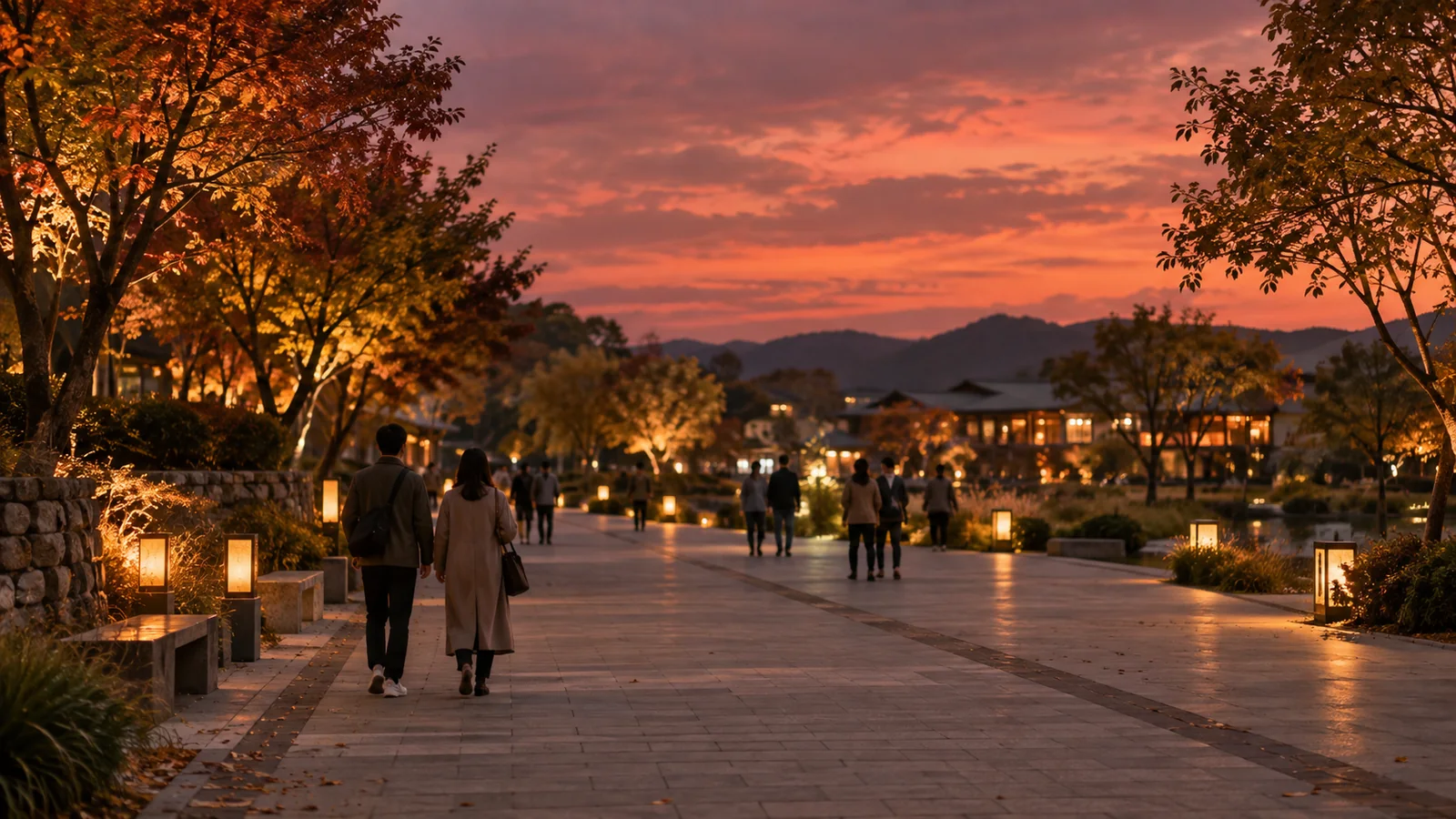 People walking along a fictional public promenade with warm lamps and autumn trees at dusk.