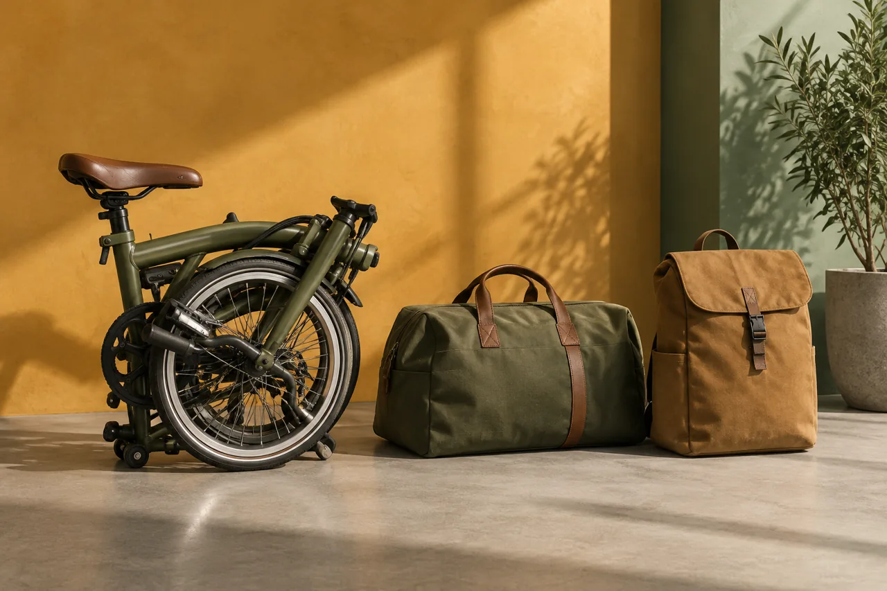 A folded bicycle and two travel bags arranged on a plain floor.