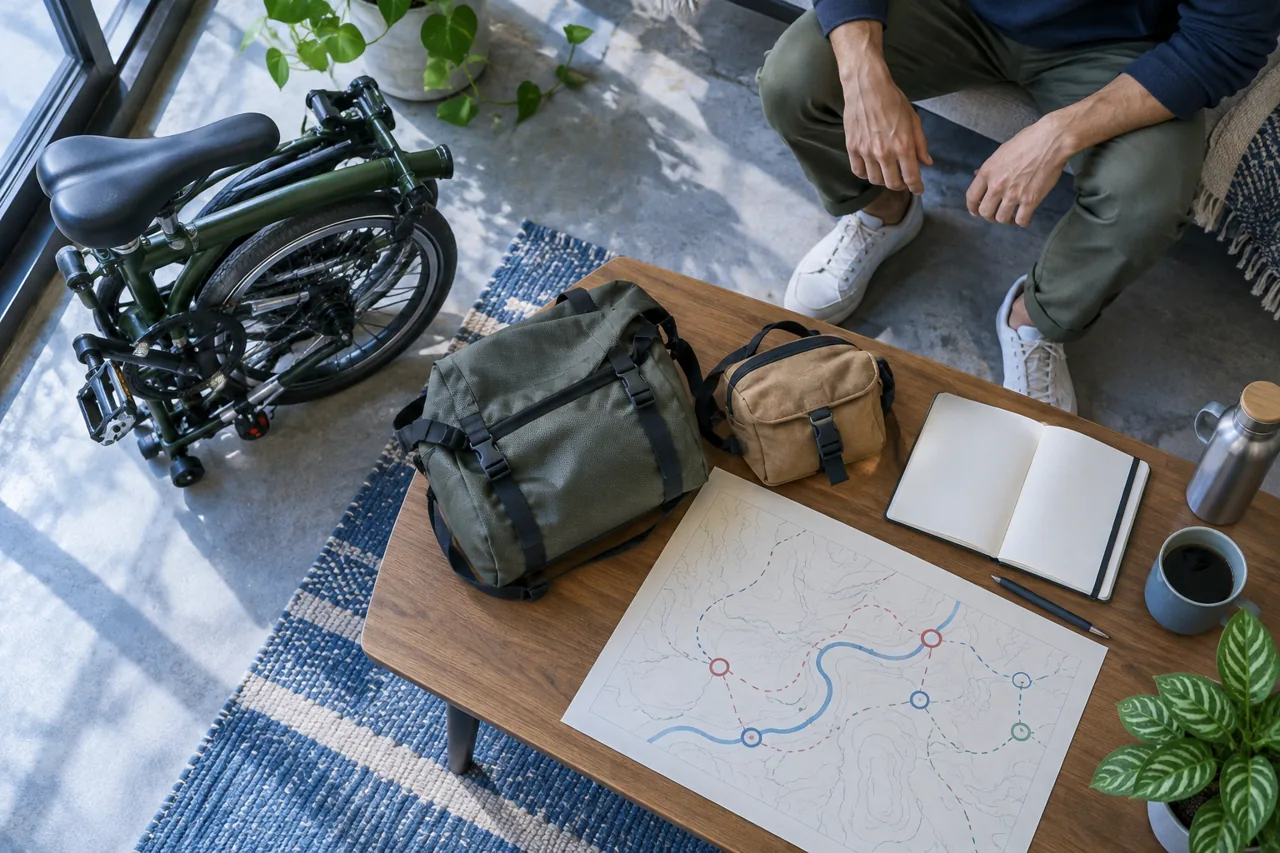 Traveler planning an intercity trip beside a folded bicycle, bags, and a blank notebook.