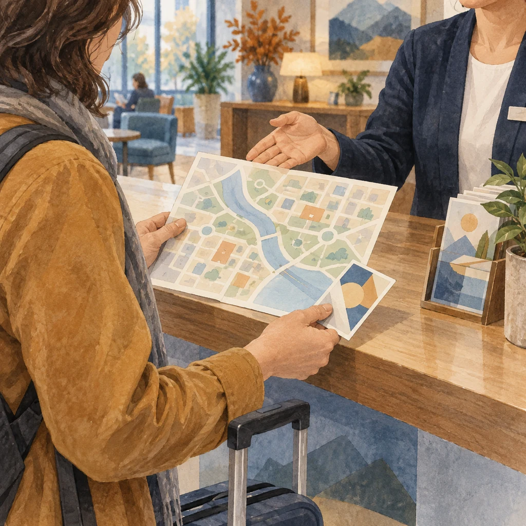Traveler checks an abstract map with a staff member at an invented indoor information counter.