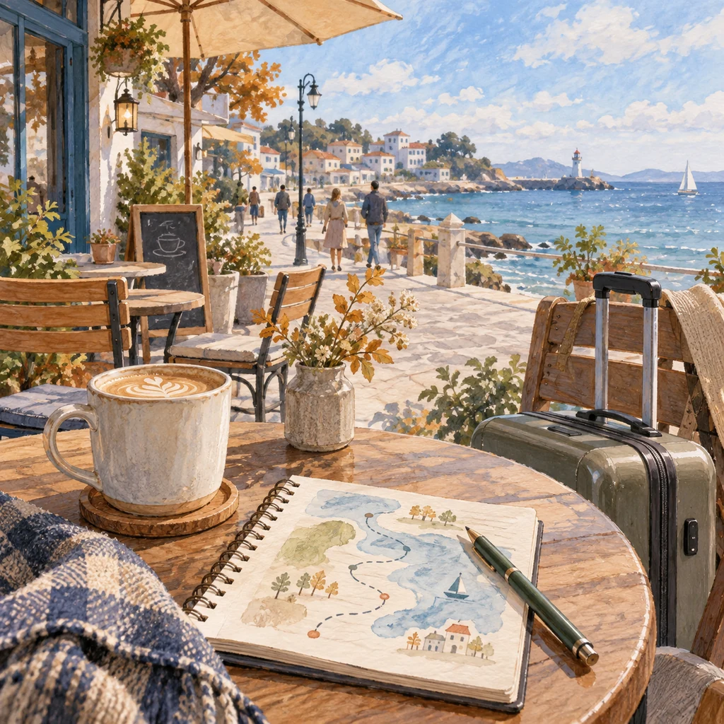Coffee, a travel notebook and luggage on an invented coastal café terrace in a conceptual illustration.