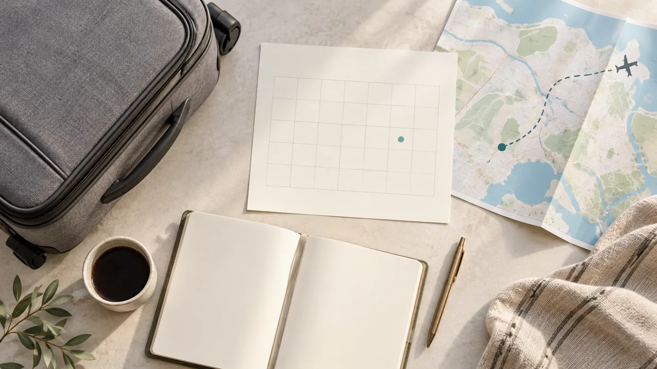 Conceptual luggage, blank calendar, notebook and fictional route map.