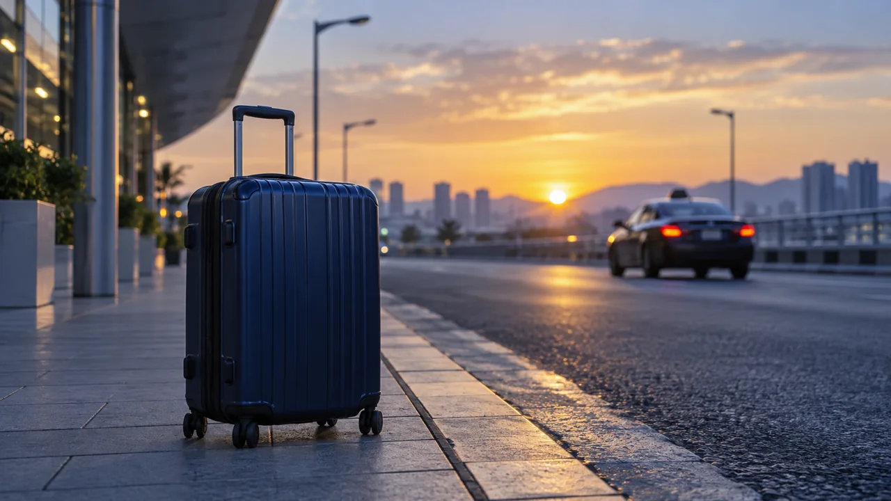 Conceptual suitcase on an anonymous city sidewalk at dawn.