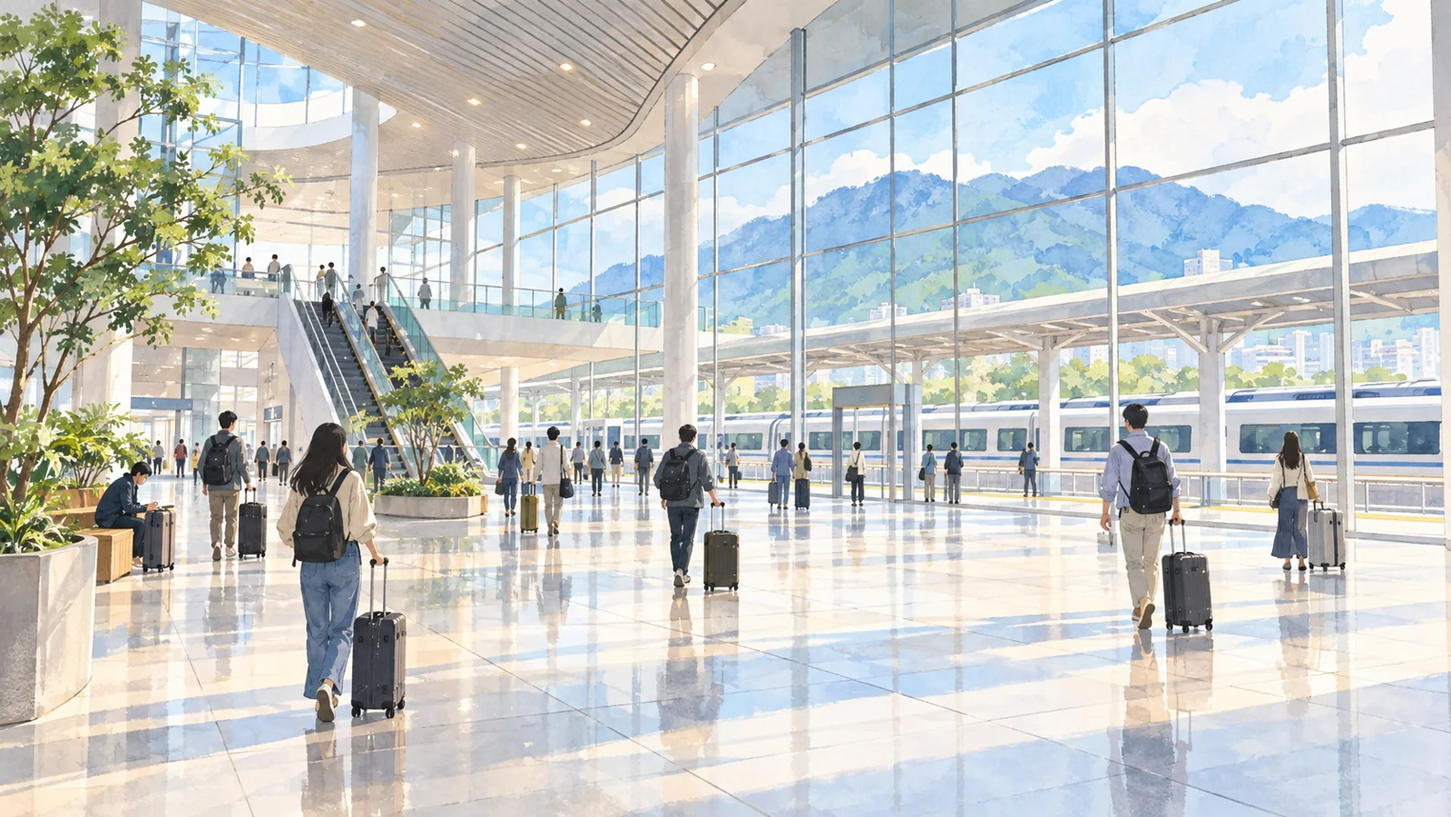 Conceptual illustration of a daytime railway station concourse with travelers and luggage.