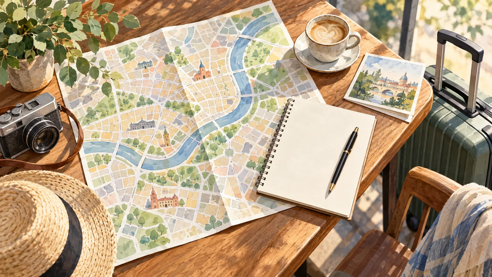 Conceptual travel-planning scene with an abstract map, notebook, and suitcase.