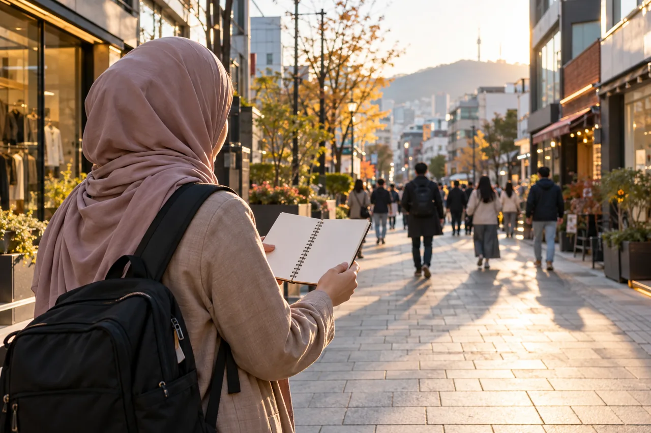 A traveler checks a blank meal-planning note on a generic city street.
