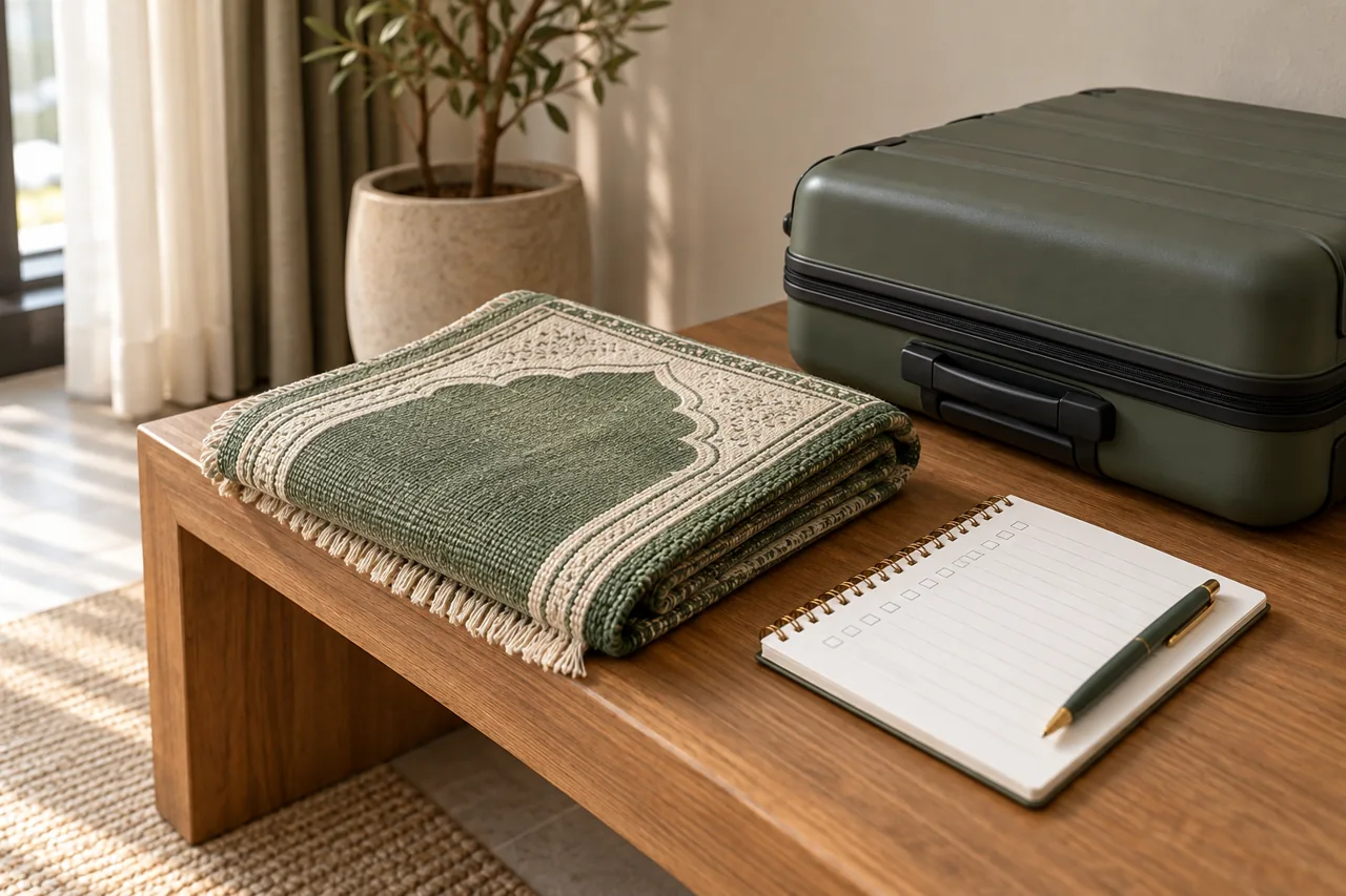 A folded travel prayer mat and suitcase sit beside a blank room checklist in a generic interior.