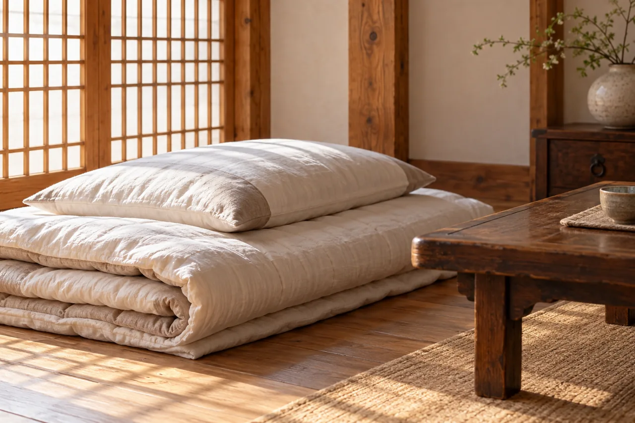 Conceptual folded bedding beside a low table in a Korean-inspired room.