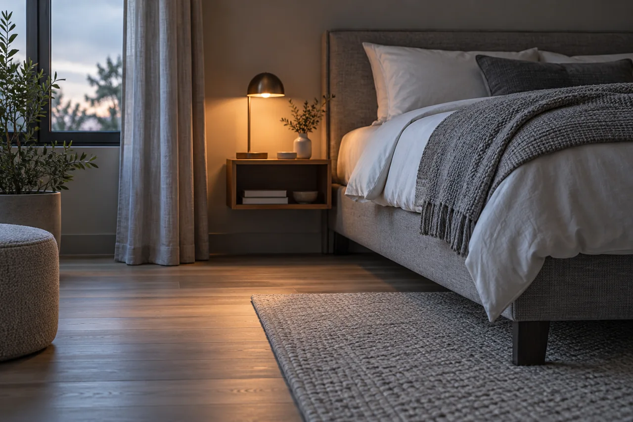 Conceptual side view of a raised bed and reading lamp in a contemporary room.