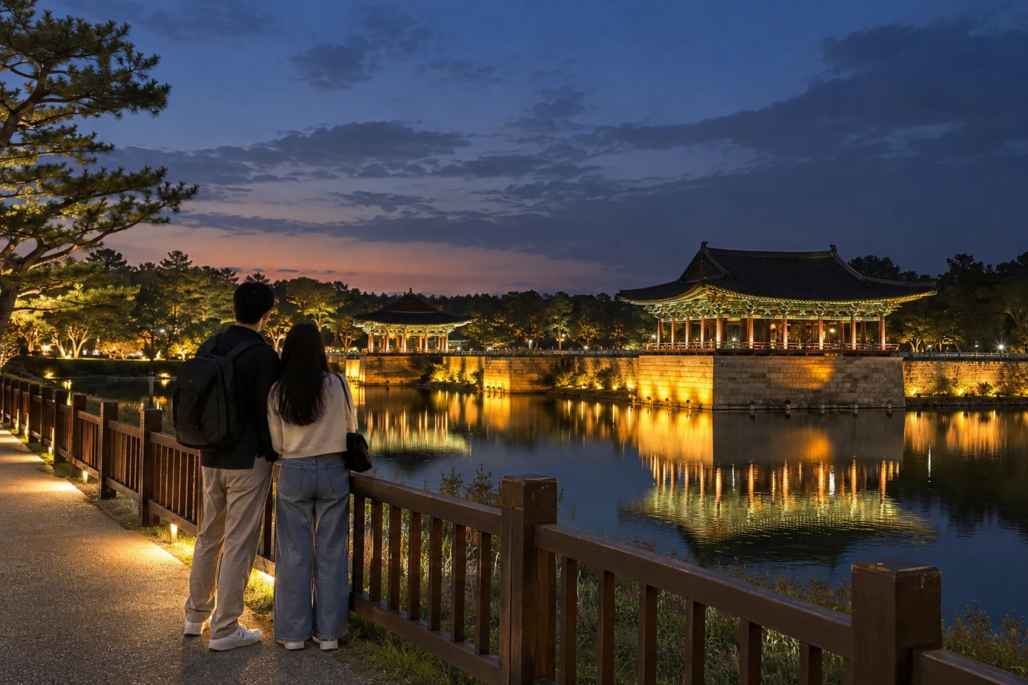Conceptual evening waterside scene with illuminated historic architecture and two travelers.