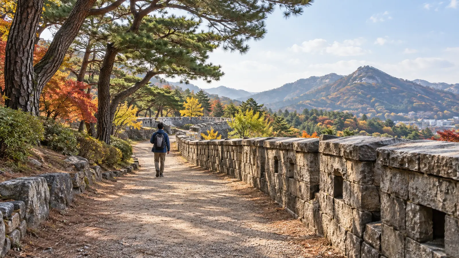 Traveler following a stone-walled park path beneath pine trees in daylight