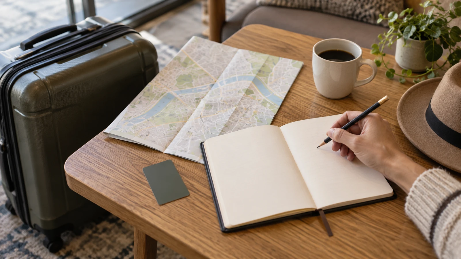 Traveler planning beside an unlabeled map, blank notebook and carry-on suitcase