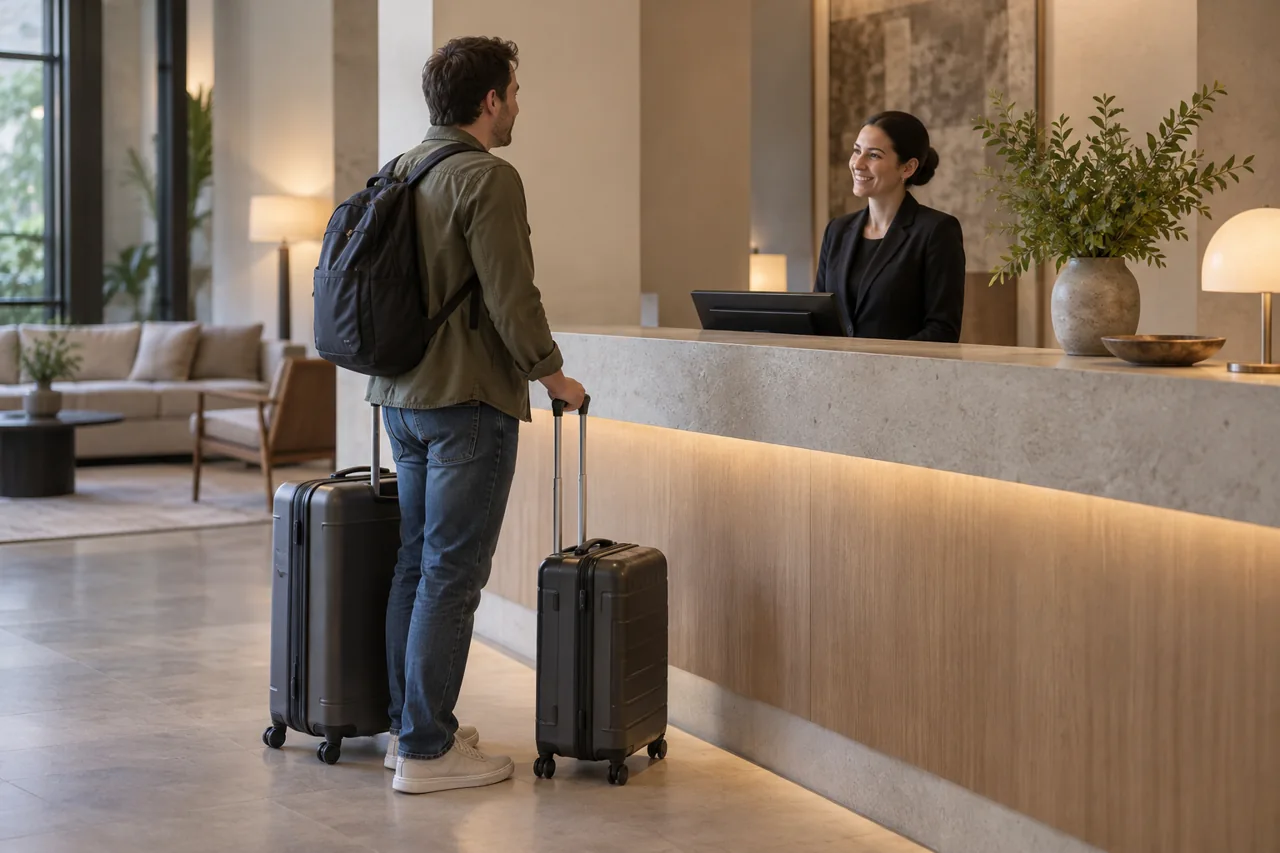 Traveler with suitcases speaking with a receptionist at an anonymous counter.