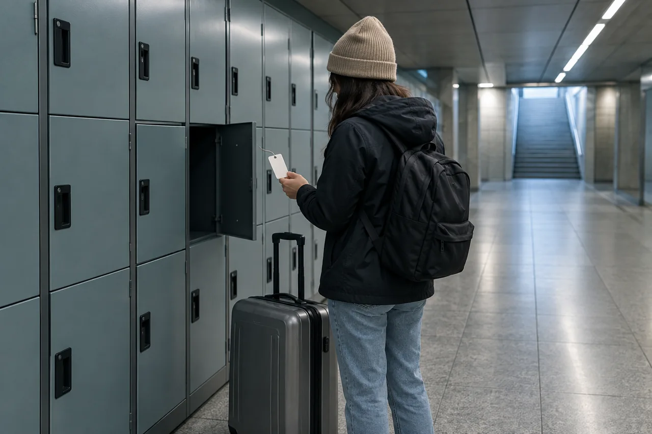 Traveler beside generic luggage lockers holding a blank luggage tag.