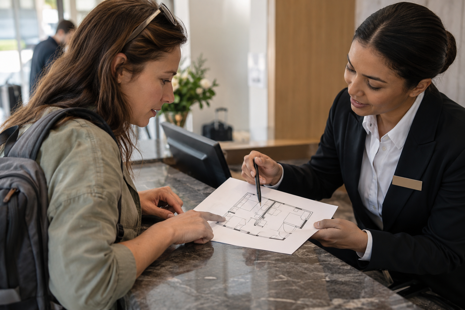 A traveler reviews a generic hotel room plan with a staff member.