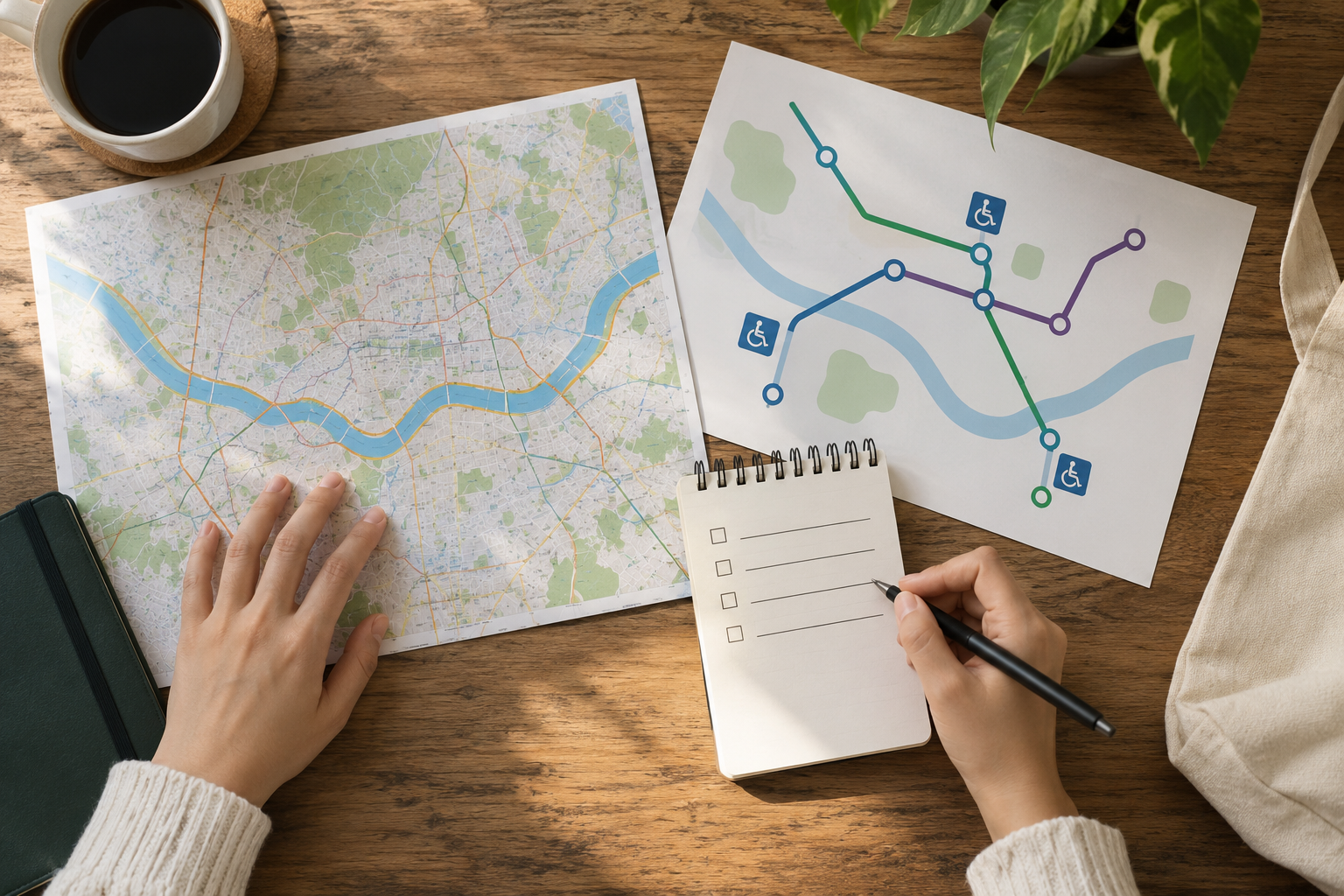 A traveler compares a Seoul map with an abstract accessible route plan.