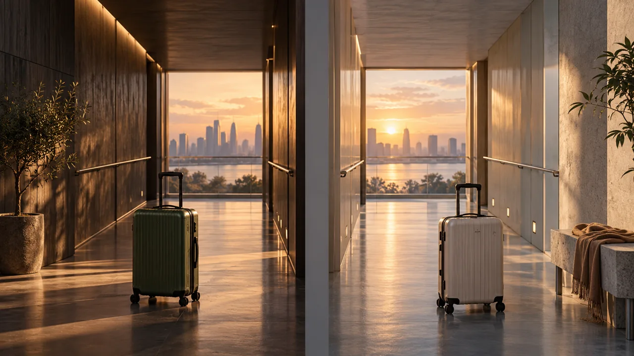 Two suitcases in separate fictional corridors facing a sunlit city window.