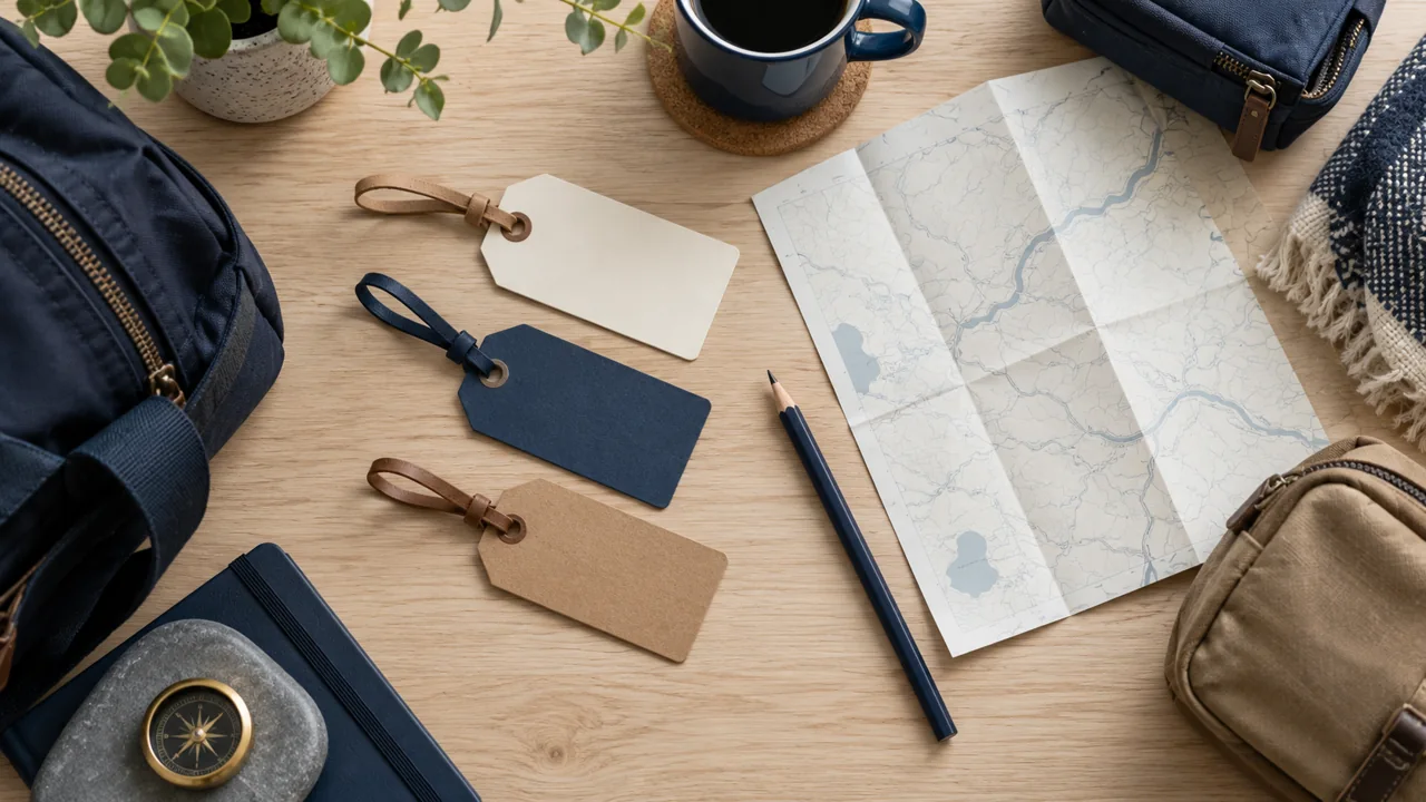 Blank luggage tags and travel bags beside an unlabeled folded map.