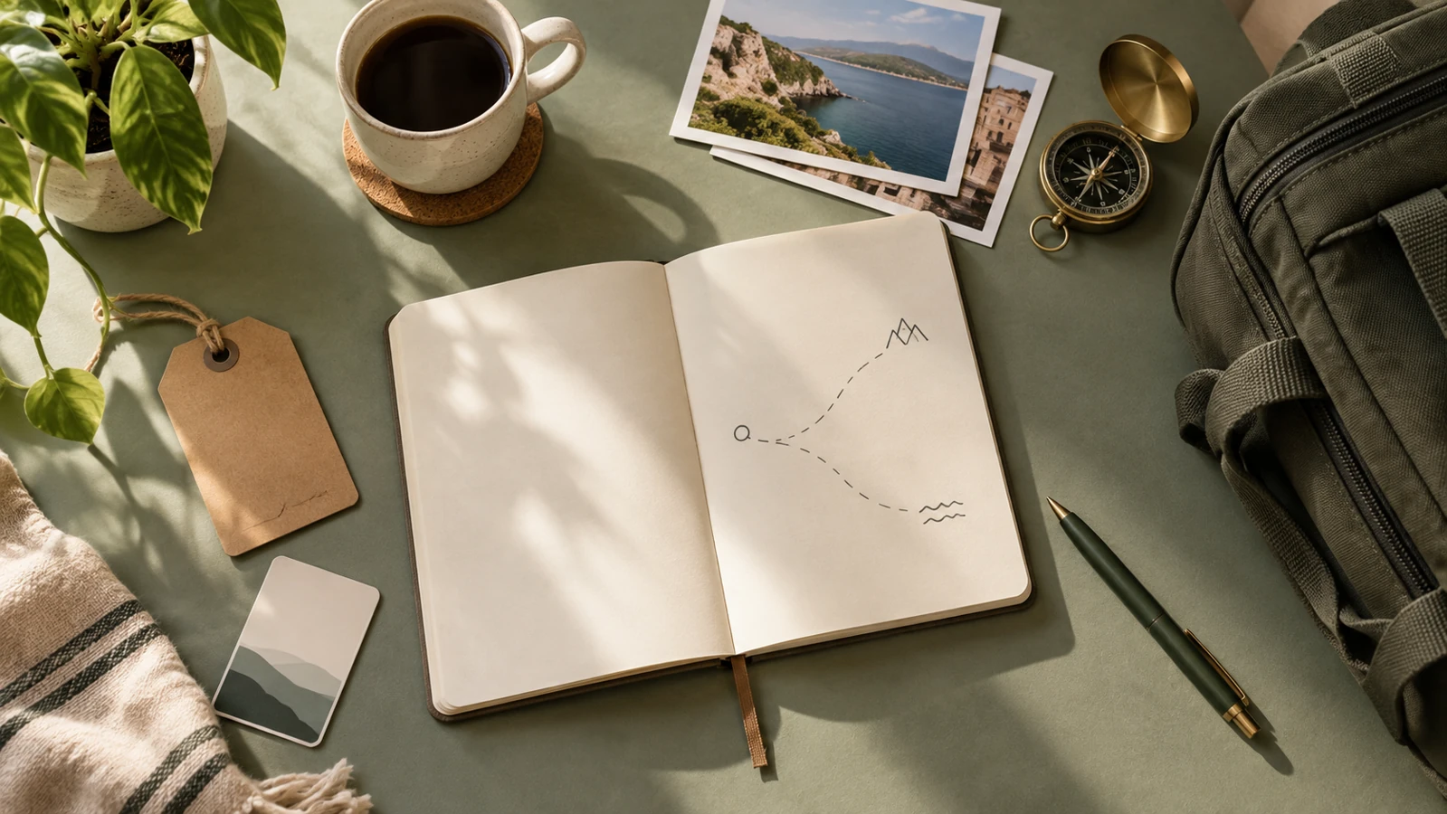 A travel-planning desk with a blank notebook, luggage tag, and unbranded key card.