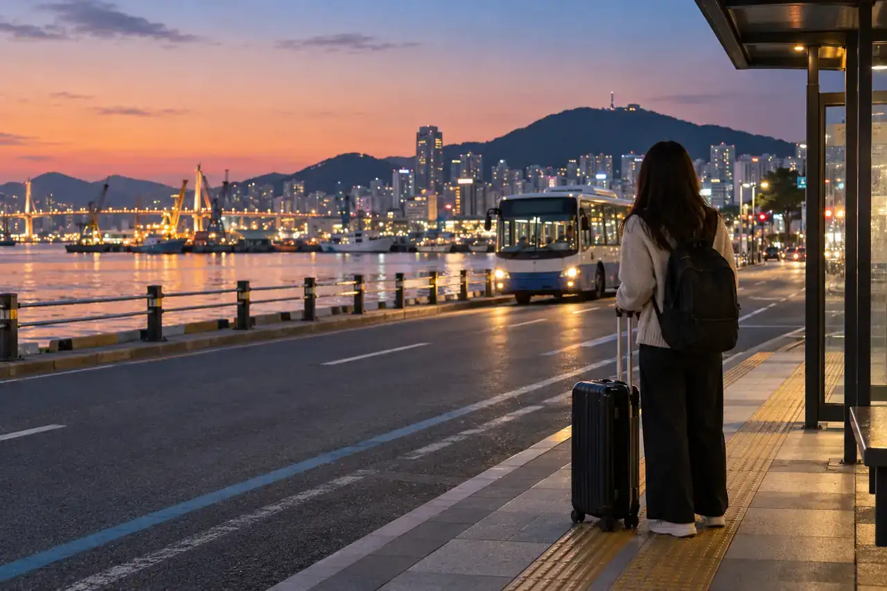 Traveler with a rolling suitcase waiting for an unbranded city bus beside Busan harbor at dusk.