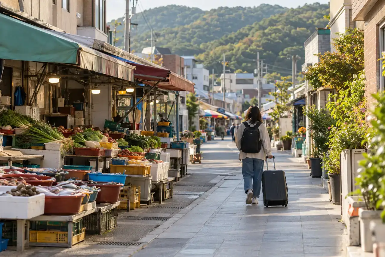 Traveler with a suitcase walking through a low-rise market street in Gijang-eup, Busan.