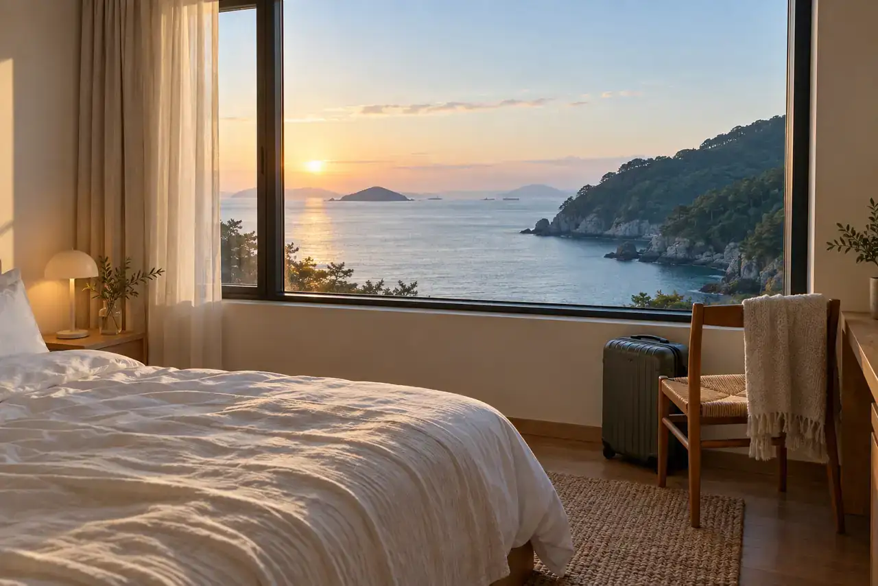 Closed suitcase in an unbranded guest room overlooking the forested Yeongdo coast at dawn.