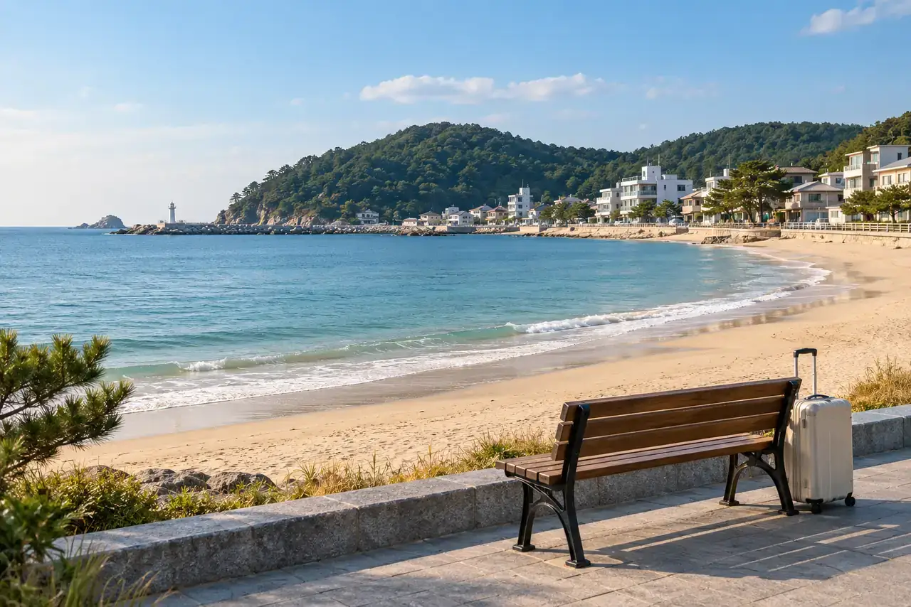 Suitcase beside a promenade bench overlooking Ilgwang Beach and its wooded headland.
