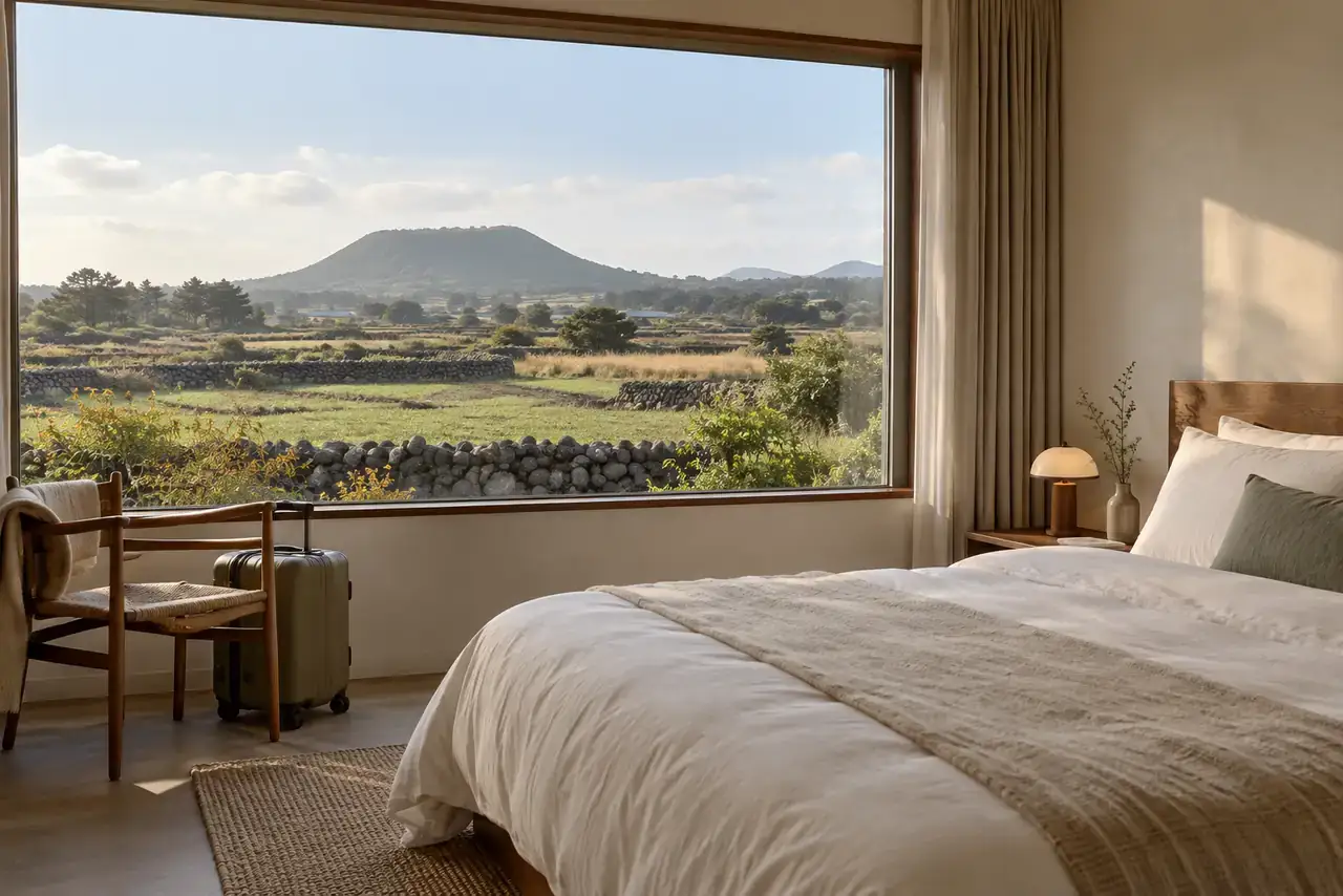 Quiet guest room facing Jeju fields, stone walls and a distant volcanic hill in morning light.