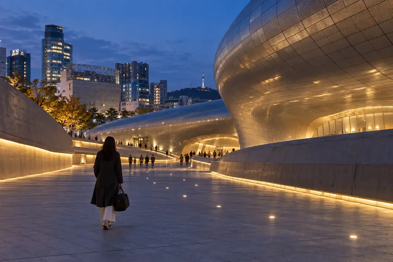 Traveler crossing a softly lit contemporary plaza in Seoul's Dongdaemun district at blue hour.
