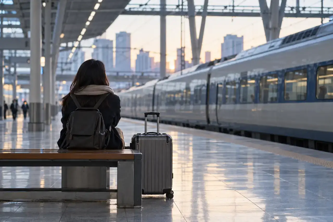 Traveler with a suitcase waiting beside an unbranded train at a Seoul station at dawn.
