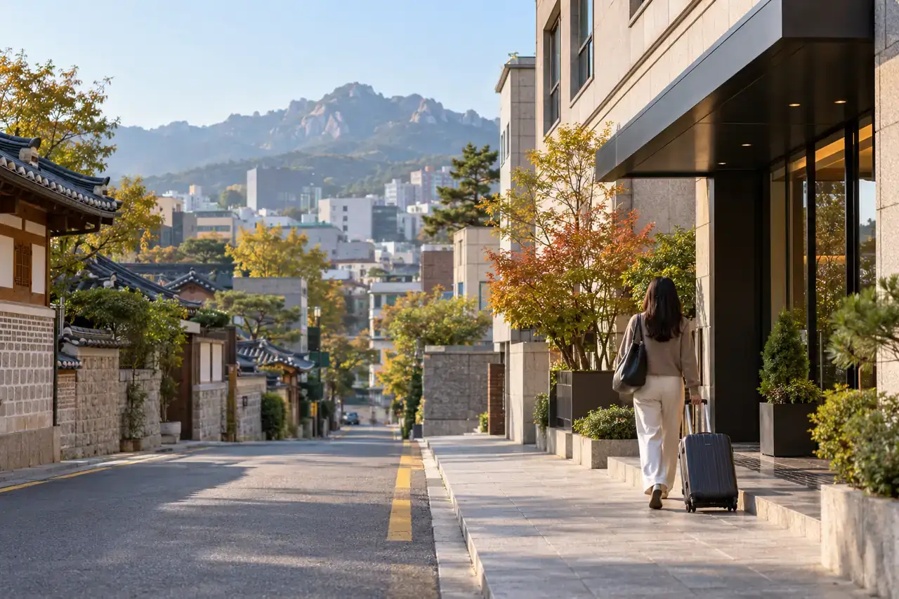 Traveler rolling a suitcase along a quiet Gangbuk street with traditional roofs and mountains beyond.