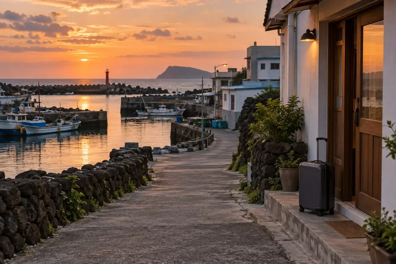 Rolling suitcase beside a plain doorway on a quiet Moseulpo harbor lane at sunset.