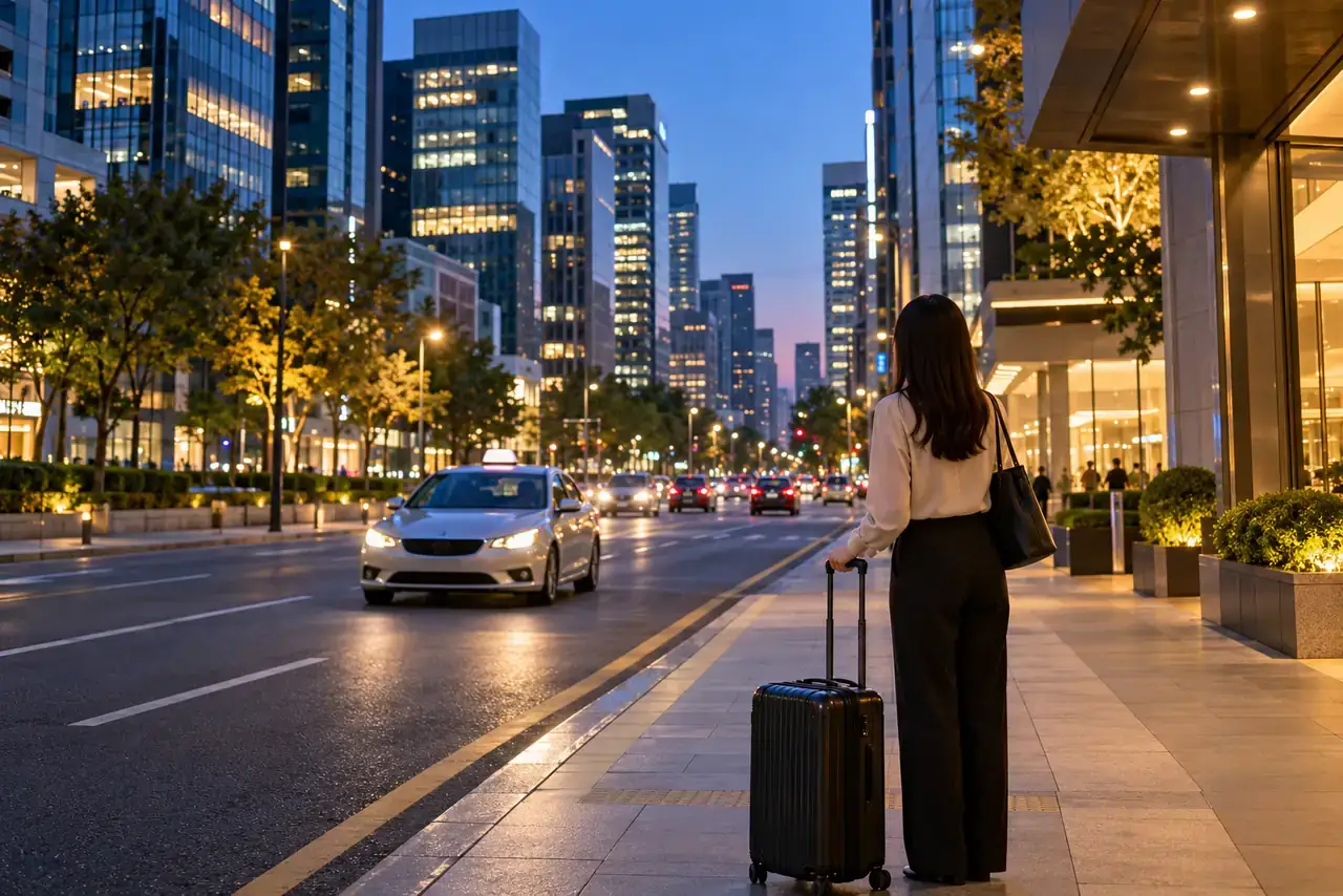 Traveler with a suitcase waiting beside a modern Gangnam boulevard at blue hour.